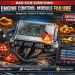 Symptoms of a Bad ECM showing engine control module with check engine light, multiple fault codes, misfires, poor fuel economy, and starting problems