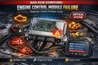 Symptoms of a Bad ECM showing engine control module with check engine light, multiple fault codes, misfires, poor fuel economy, and starting problems