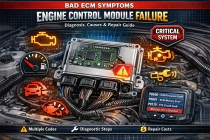 Symptoms of a Bad ECM showing engine control module with check engine light, multiple fault codes, misfires, poor fuel economy, and starting problems