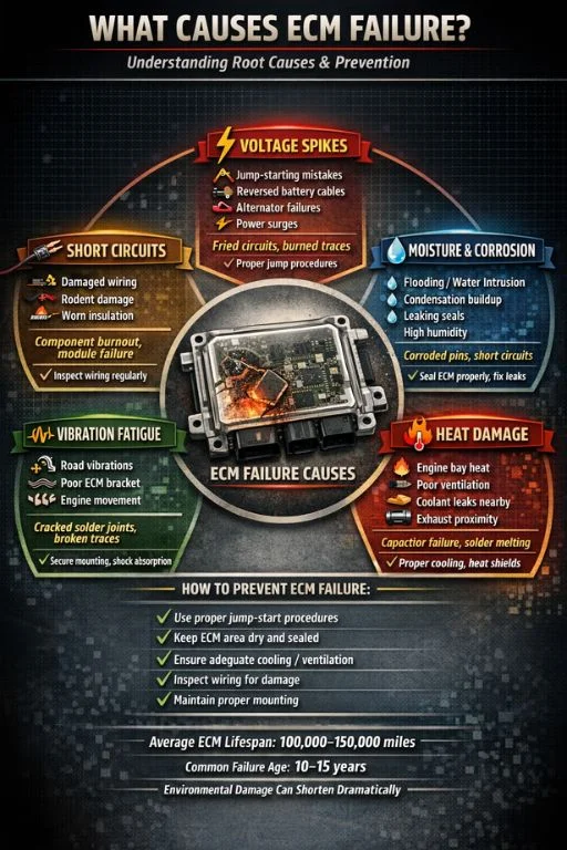 ECM diagnostic steps showing OBD-II scan, wiring inspection, power testing, sensor checks, and ECM swap test with tools and time estimates