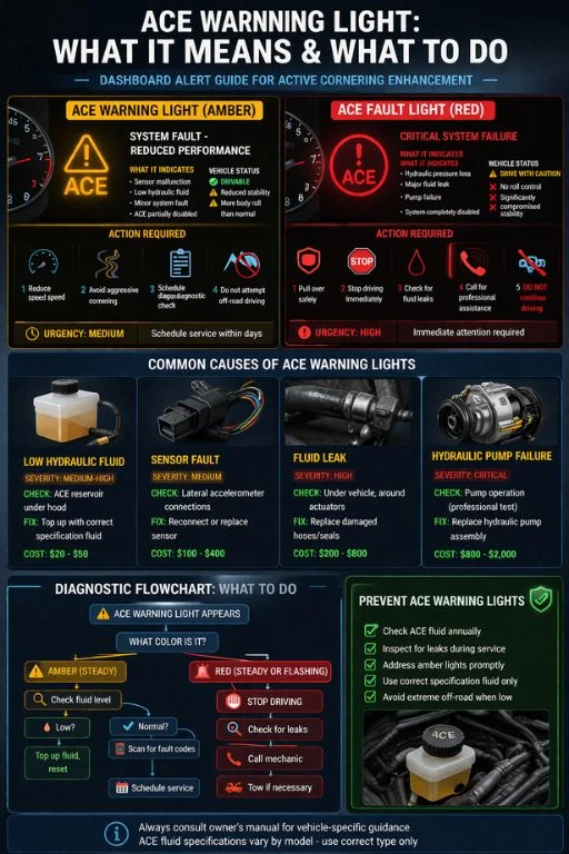 ACE warning light guide showing amber light (system fault, drivable) vs red light (critical failure, stop) with causes, actions, and repair costs