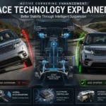 Active Cornering Enhancement (ACE) comparison showing SUV with reduced body roll using sensors, ECU, and hydraulic actuators for better cornering stability