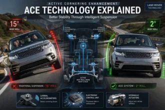 Active Cornering Enhancement (ACE) comparison showing SUV with reduced body roll using sensors, ECU, and hydraulic actuators for better cornering stability