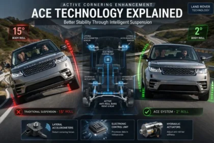 Active Cornering Enhancement (ACE) comparison showing SUV with reduced body roll using sensors, ECU, and hydraulic actuators for better cornering stability