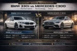 BMW 330i vs Mercedes C300 luxury sedan comparison showing 255hp engines, 0-60 times, xDrive vs 4MATIC AWD, and pricing differences side-by-side