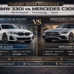 BMW 330i vs Mercedes C300 luxury sedan comparison showing 255hp engines, 0-60 times, xDrive vs 4MATIC AWD, and pricing differences side-by-side