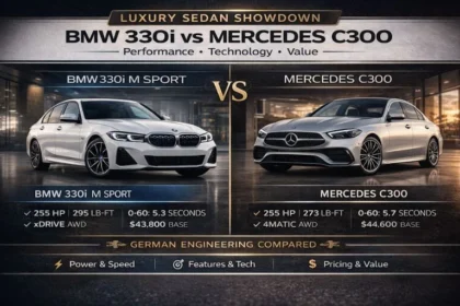 BMW 330i vs Mercedes C300 luxury sedan comparison showing 255hp engines, 0-60 times, xDrive vs 4MATIC AWD, and pricing differences side-by-side