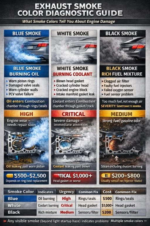 Exhaust smoke color guide showing blue smoke (burning oil), white smoke (burning coolant), and black smoke (rich fuel) with causes and repair costs