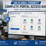 GM Global Connect dealer portal login screen showing VSP access, inventory management, warranty claims, and secure MFA authentication for authorized dealers