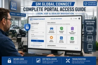 GM Global Connect dealer portal login screen showing VSP access, inventory management, warranty claims, and secure MFA authentication for authorized dealers