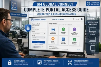 GM Global Connect dealer portal login screen showing VSP access, inventory management, warranty claims, and secure MFA authentication for authorized dealers