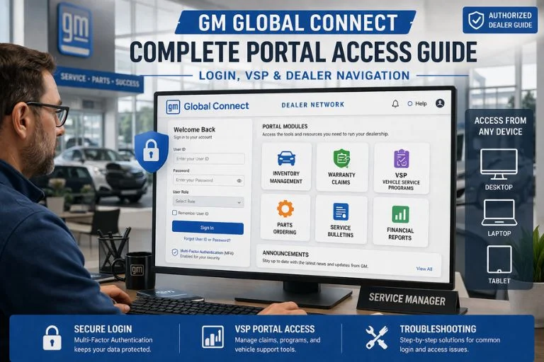 GM Global Connect dealer portal login screen showing VSP access, inventory management, warranty claims, and secure MFA authentication for authorized dealers