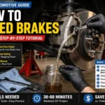 How to bleed brakes DIY tutorial showing hands using wrench on bleeder valve with clear tubing, brake fluid, and air bubbles in home garage