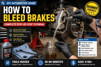 How to bleed brakes DIY tutorial showing hands using wrench on bleeder valve with clear tubing, brake fluid, and air bubbles in home garage