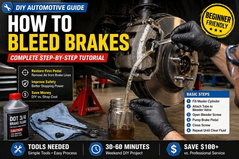How to bleed brakes DIY tutorial showing hands using wrench on bleeder valve with clear tubing, brake fluid, and air bubbles in home garage