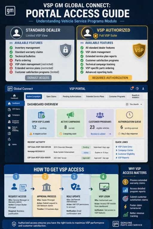 VSP GM Global Connect portal showing authorized access features, claim management, extended service programs, and authorization process for dealers