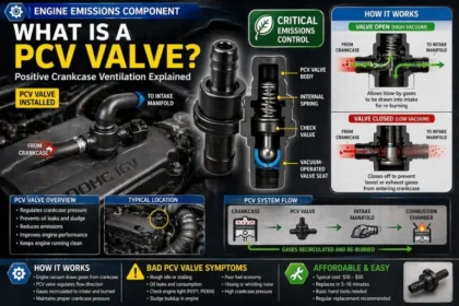 What is a PCV valve showing positive crankcase ventilation component with cutaway view, internal mechanism, bad symptoms, and engine location