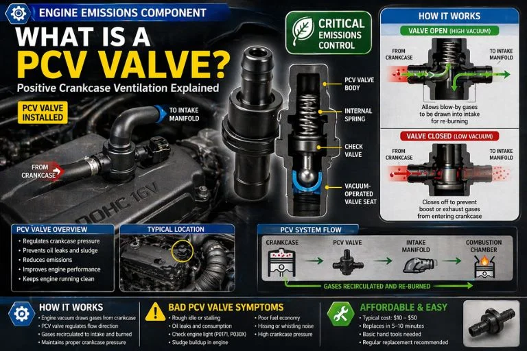 What is a PCV valve showing positive crankcase ventilation component with cutaway view, internal mechanism, bad symptoms, and engine location