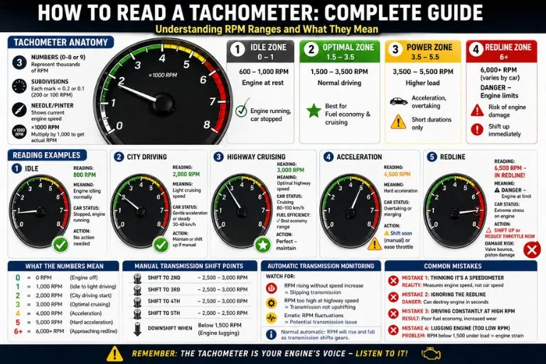 What is a tachometer showing RPM gauge on car dashboard with redline zone, normal operating range 2,000-3,500 RPM, and needle position